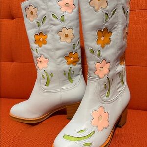 FSJ Floral Cutout Heeled Boots - Baby Blue, Pink, Orange, and Green